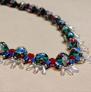 Multicolor Floral Glass Bead Necklace with Silver Accents